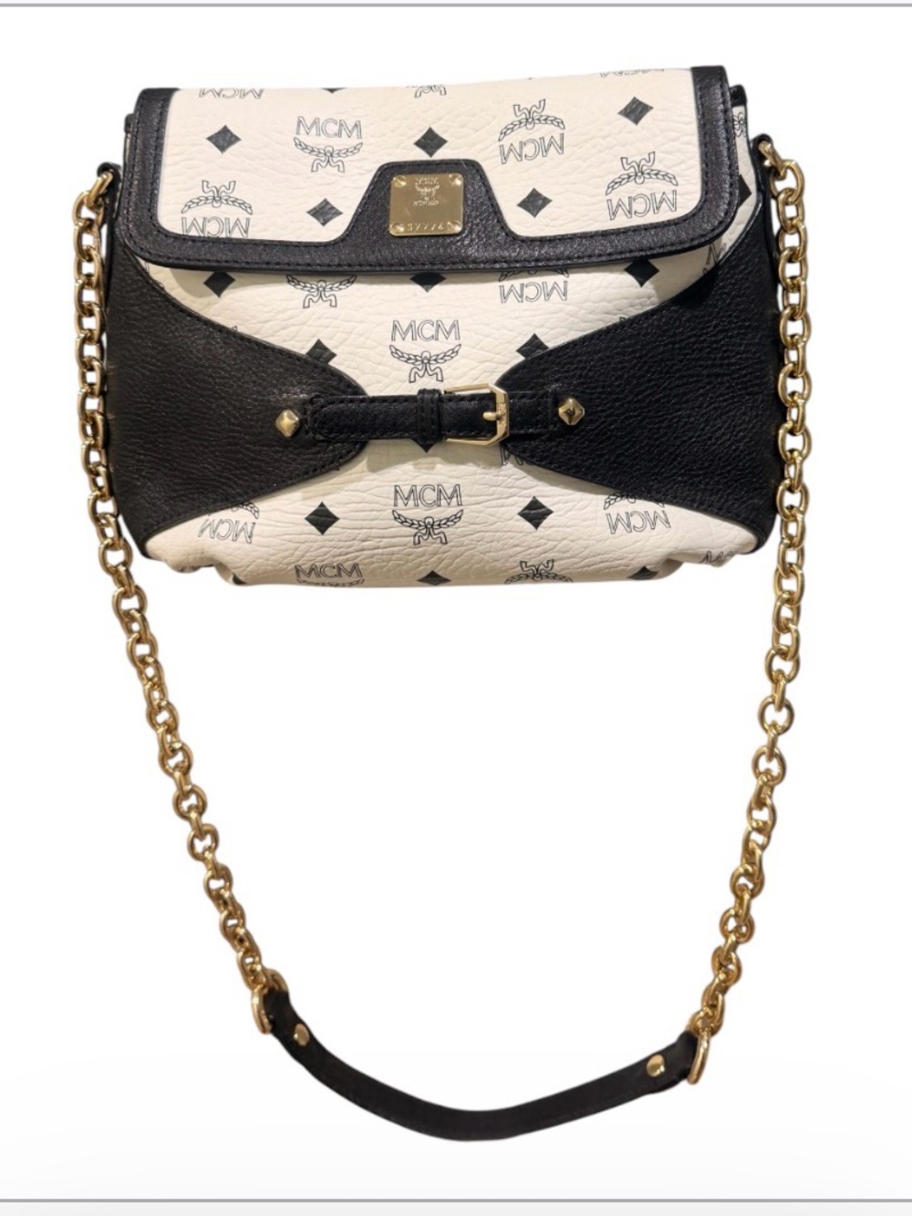 MCM Black and White Logo Leather Crossbody with Gold Chain-Preowned
